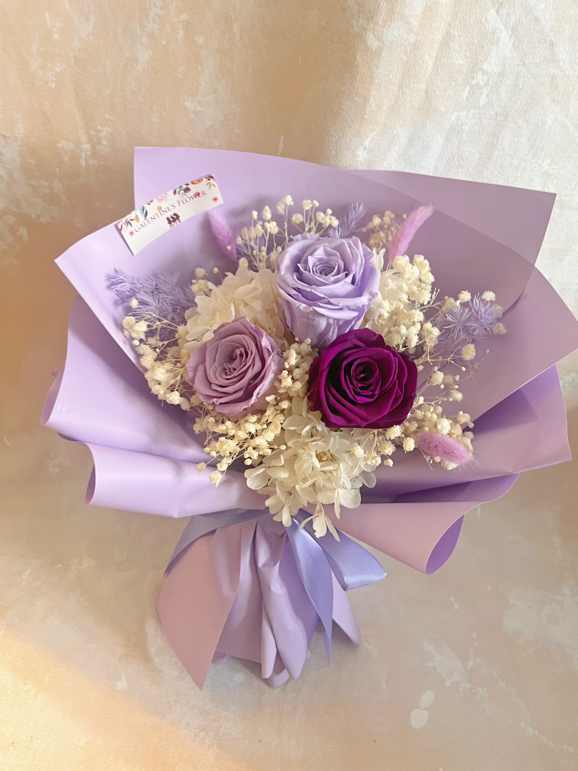 （有現貨）3 枝紫色系－保鮮玫瑰花束｜保鮮花 永生花 畢業花束 生日花束